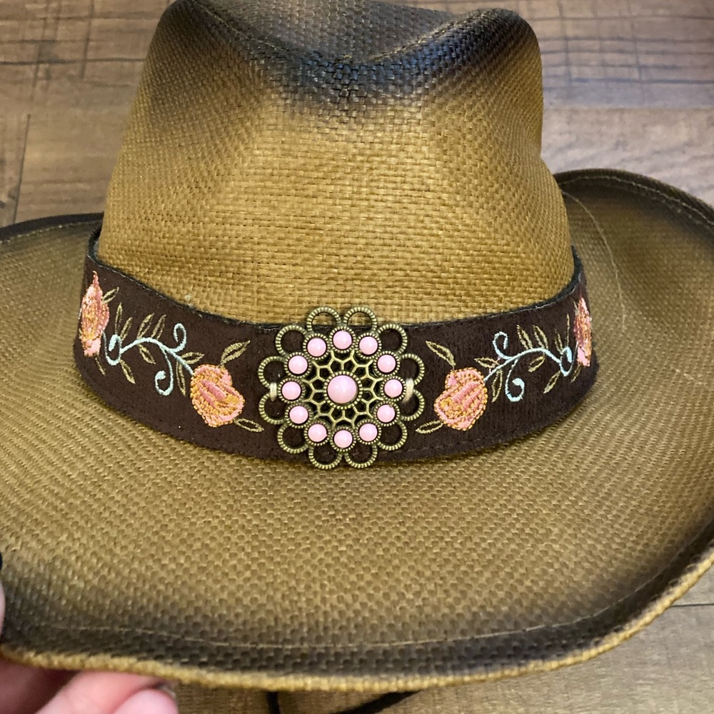 Floral Embroidered Cowgirl Hat Pink Floral Festival Rodeo Boho EUC OSFM - Picture 1 of 10